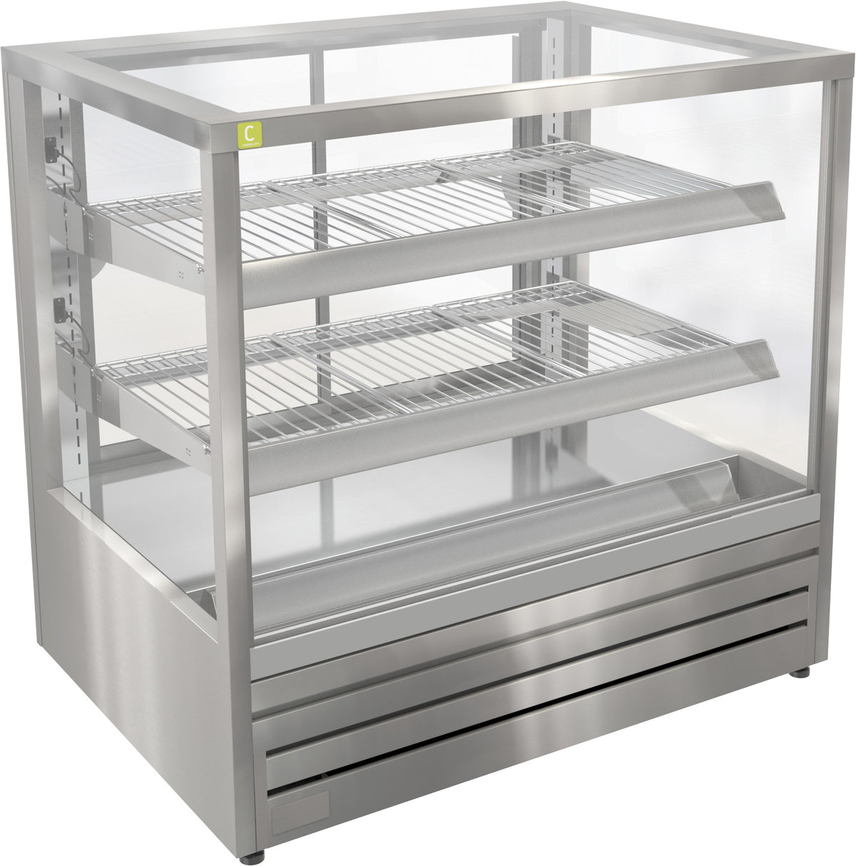 A stainless steel commercial display case with three wire shelves and clear glass panels, shown on a plain white background.