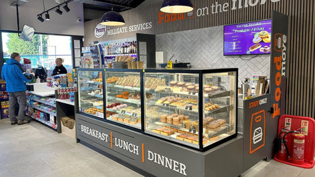 Cossiga NEXT GEN BTG refrigerated and heated cabinets provide a versatile, free-standing solution for this busy forecourt convenience store,