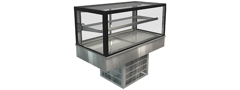 Stainless steel display case with glass top on a white background