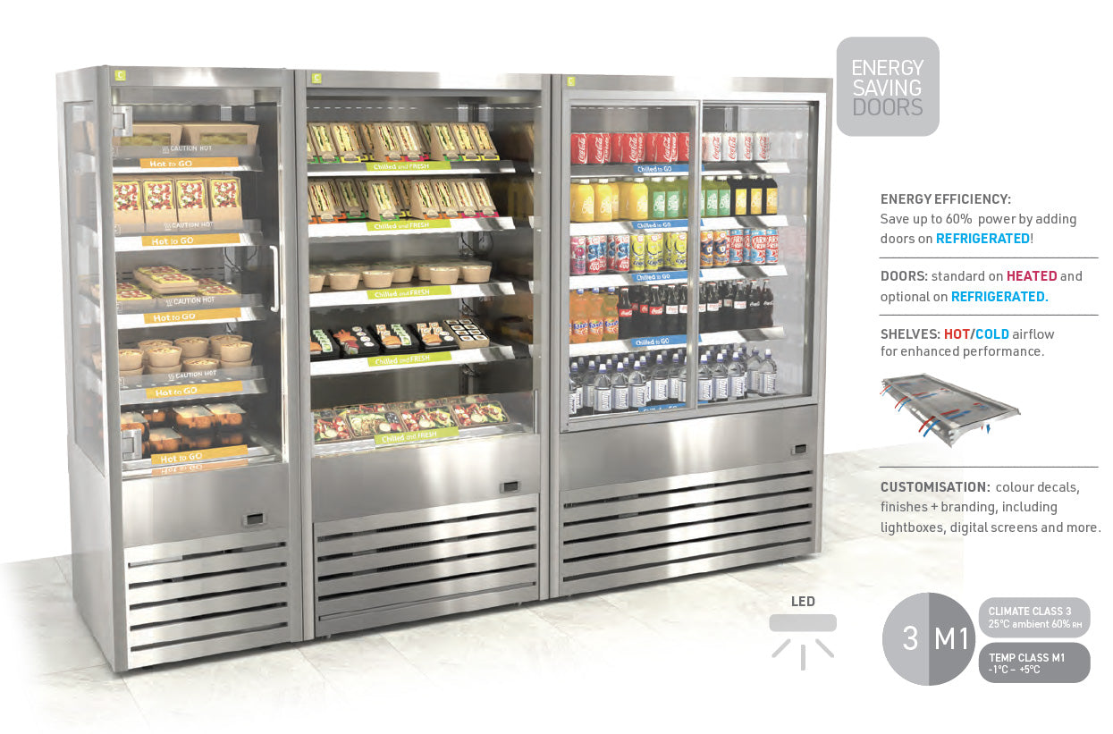 Commercial refrigeration units with various food items on shelves, featuring energy efficiency text.