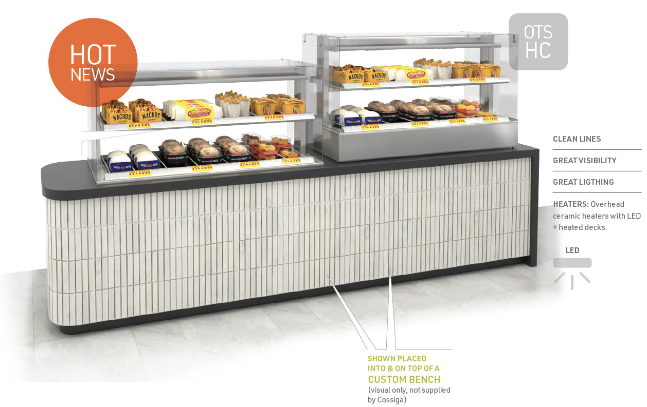 Cold food display case with various products on a white background