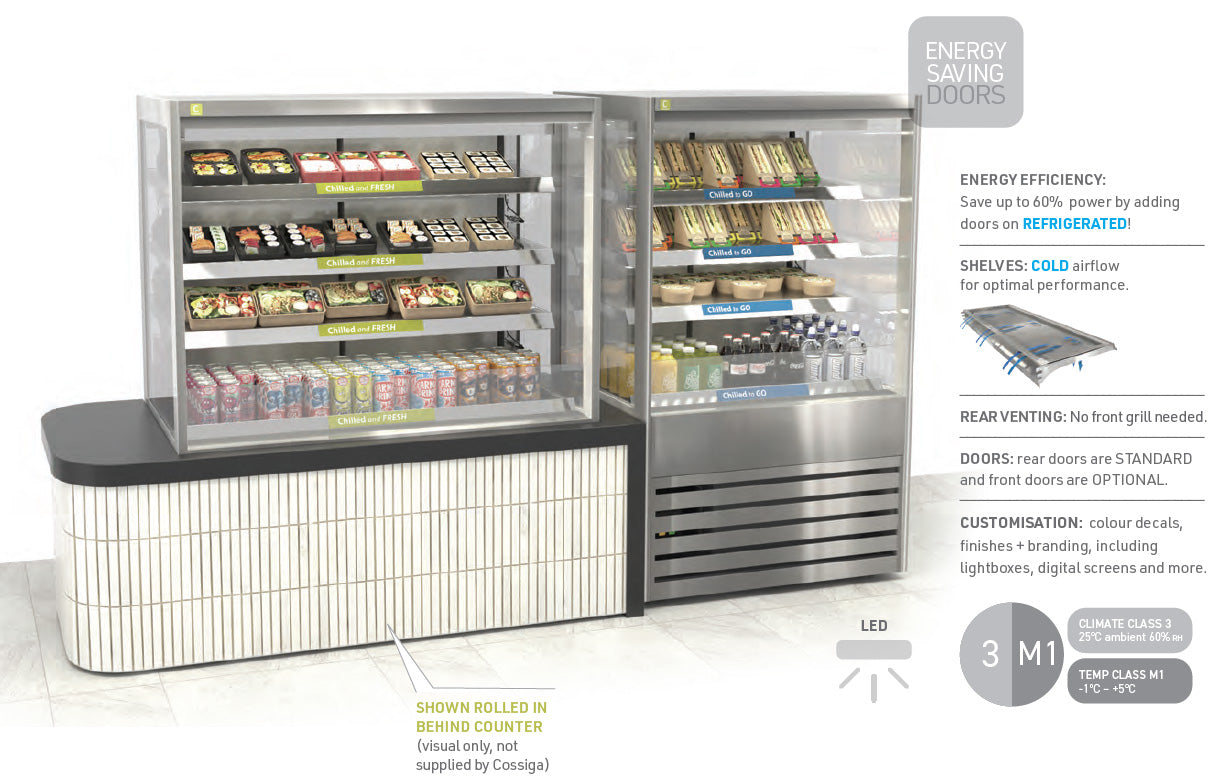 Commercial refrigeration unit with shelves and products on a white background